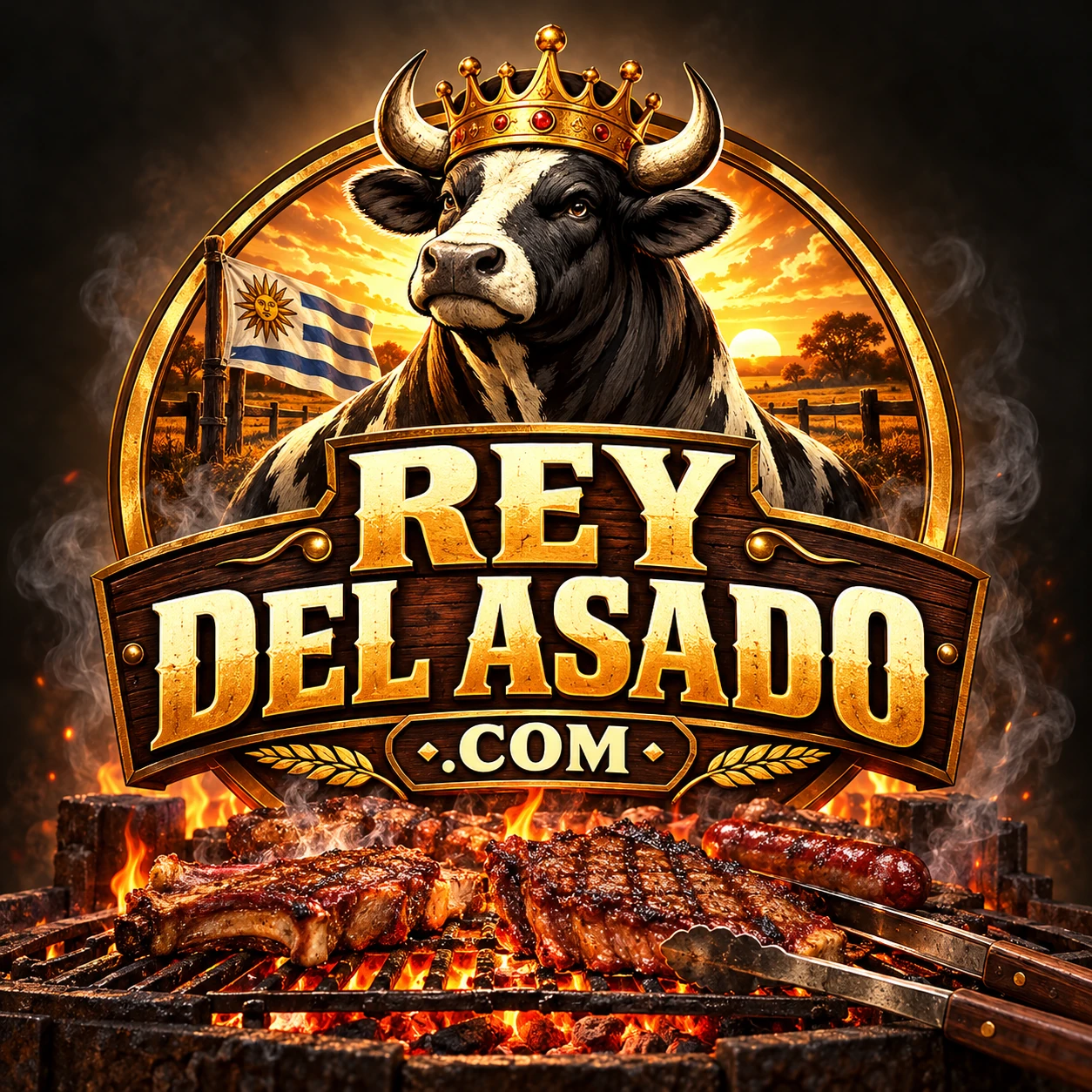 Ilustración original de Rey del Asado: toro coronado, parrilla a las brasas y letras doradas.